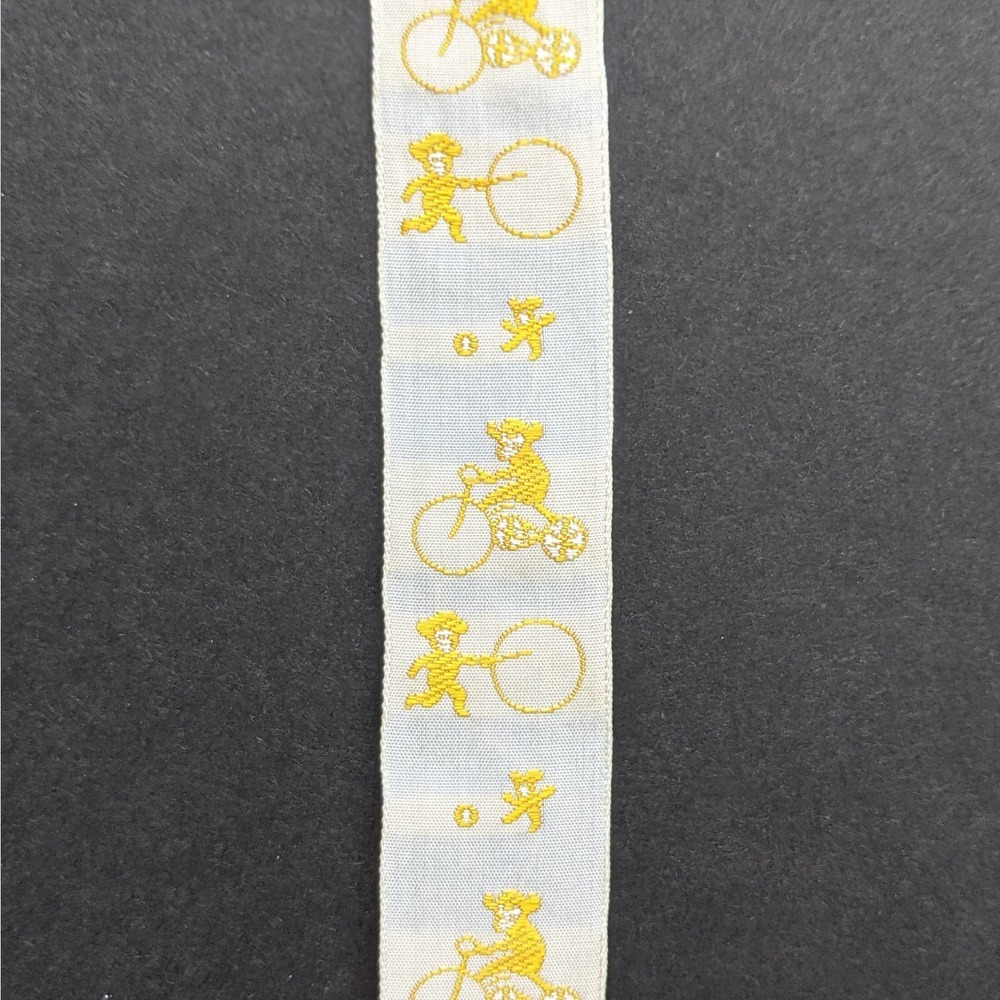 BTY Vintage Ribbon Yellow White Kid Playing Tricycle 7/8" Single Face Novelty